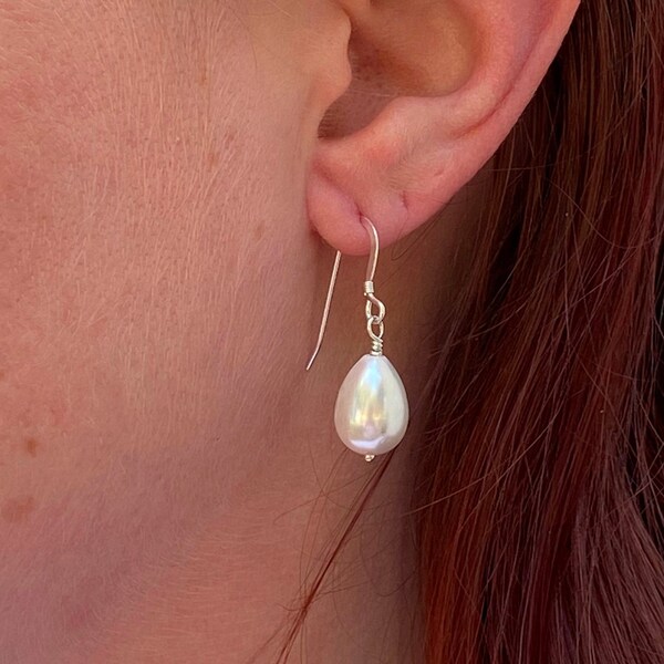 White Teardrop Pearl Earrings, June Birthstone Drop Earrings, Sterling Silver drop Earrings, Shell Pearls