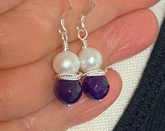 Amethyst Pearl Earrings, Wire wrapped gemstone Earrings