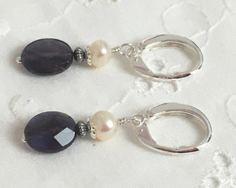 Iolite and Pearl Earrings in Sterling, Lever back earrings with Purple Gemstone drop earrings, Dainty earrings, simple small earrings