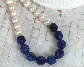 Sodalite and Freshwater Pearl Necklace, Chunky Blue Gemstone and Pearl Necklace