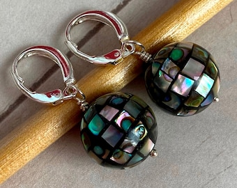 Mosaic Mother of Pearl Earrings in Sterling Silver:  Black & White Shell Jewelry