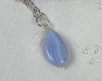 Blue Crazy Lace Agate Necklace, Light blue gemstone Pendant necklace, Agate drop necklace