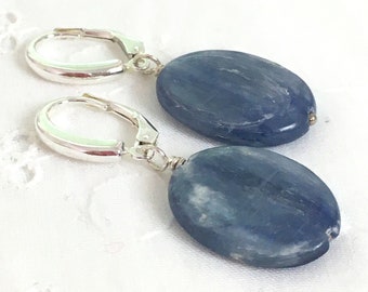 Blue Kyanite Gemstone Earrings, Sterling Silver Lever Back Earrings