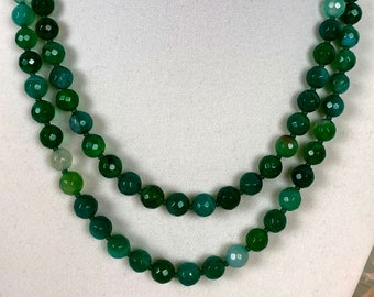 Long Green Agate Beaded Necklace, Agate Gemstone Necklace, Green Beaded Necklace, Long Agate Strand