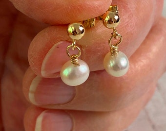 Tiny Pearl Studs Gold filled, White Freshwater Pearl Post Earrings, Small Pearl Dangle Earrings