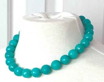Turquoise Blue Jade Necklace, Chunky Faceted Beaded Gemstone Necklace