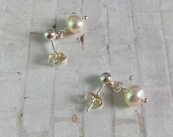 Tiny Pearl Studs, White Freshwater Pearl Post Earrings, Small Pearl Dangle Earrings