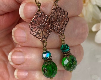 Green Glass Earrings, Emerald Green Bohemian Earrings, Grecian Goddess Earrings, Green Crystal Earrings