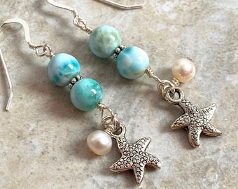 Larimar quartz dangle earrings, beachy summer earrings, Starfish Pearl earrings