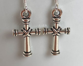 Cross Earrings, Ornate Antique Silver Plated Cross Earrings with Sterling Earwires