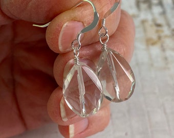 Ice Clear Rock Crystal Quartz Drop Earrings, Faceted Gemstone Tear drop Sterling Silver earrings