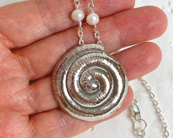 Sterling Silver Snail Pendant Necklace with genuine freshwater pearl accents