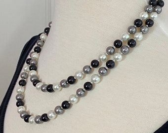 Extra Long Pearl Necklace, Black White Gray Pearl Necklace