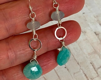 Green Chalcedony and Amazonite Earrings, Long Dangle Earrings