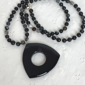 Long Black Agate Beaded Necklace, with pendant