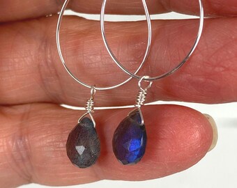 Labradorite hoop earrings, Gemstone dangle Earrings, Gray Blue Labradorite
