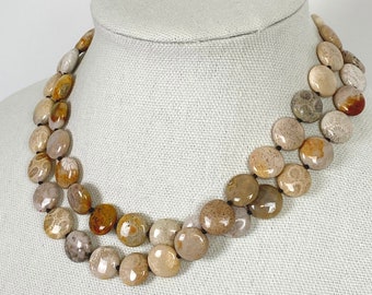 Long Fossil Coral Necklace, Beaded Gemstone Necklace