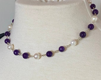 Amethyst Pearl Necklace, Wire wrapped gemstone chain, Tin Cup Necklace