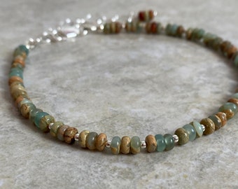 African Opal Anklet, Tan Green Sterling Anklet, Earthtones