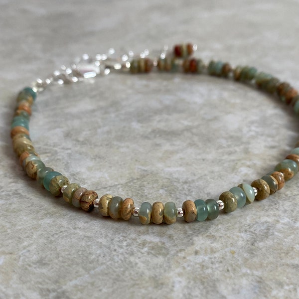 African Opal Anklet, Tan Green Sterling Anklet, Earthtones