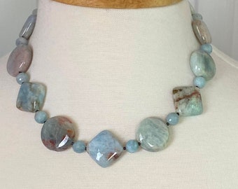 Blue Aquamarine Beaded Necklace,  Natural Birthstone Necklace March, Light Blue Crystal Necklace