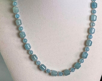 Aquamarine Beaded Necklace for women,  Natural Birthstone Necklace March, Blue Crystal Necklace