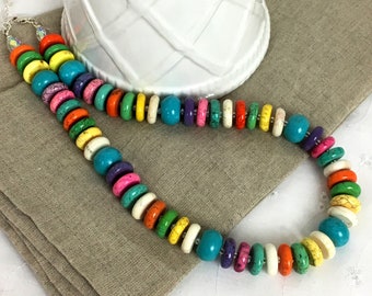 Multi color beaded necklace, flat bead stone necklace