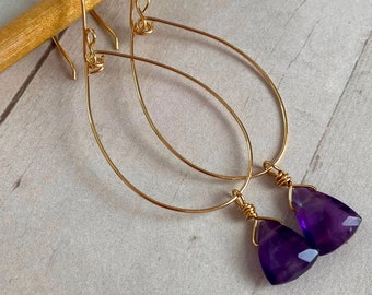 Amethyst Hoop Earrings , Gemstone earrings, Gold Silver Rose Gold Earrings, Hoop Earrings, Womens Fashion Jewelry