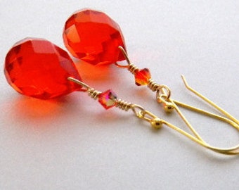 Orange Crystal Teardrop Earrings Gold, Tangerine Earrings, Bright Fire Orange Earrings