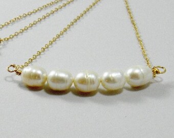 Freshwater Pearl Bar Necklace Gold, Bridal or Bridesmaid Necklace, Simple, Dainty Wedding Jewelry, Classic Trapeze Necklace