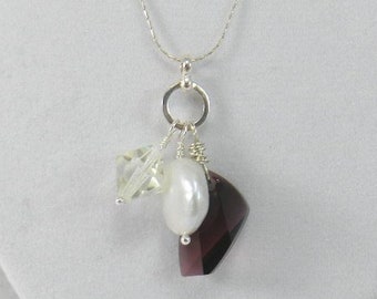 Freshwater Coin Pearl Necklace, Burgundy Crystal White Coin Pearl Pendant Necklace, Sterling Silver Necklace