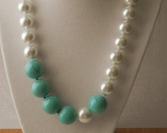 Chunky Turquoise and Pearl Necklace, Pearls and Turquoise Statement Necklace