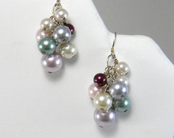 Pearl Cluster drop Earrings, Pearl Dangle Earrings, Bridal Earrings, Pastel Pearl Wedding Earrings, Bride Bridesmaid Wedding Jewelry