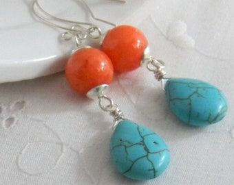 Summer earrings, Turquoise blue and orange earrings, bright beachy earrings