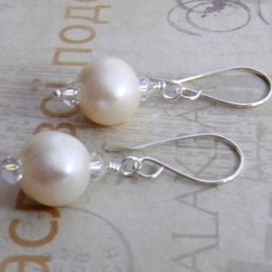 Freshwater Pearl Earrings in Sterling Silver, Swarovski Crystal Bridal Jewelry
