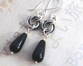 Black Onyx Teardrop Earrings  with silver mobius rings, Beaded Gemstone Womens Earrings