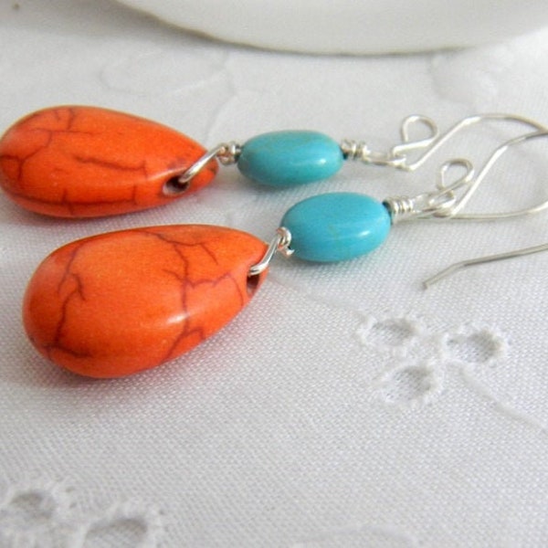 Turquoise blue and orange earrings, beachy summer earrings, Bright Dangle earrings