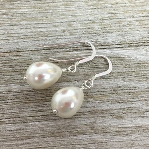 White Teardrop Pearl Earrings, June Birthstone Drop Earrings, Sterling Silver drop Earrings, Shell Pearls image 2