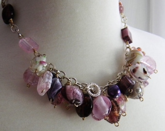 Chunky Pink Charm Necklace, Beaded Purple Necklace, Silver Necklace, Womens Fashion Jewelry