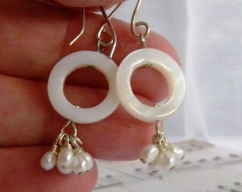 Mother of Pearl Earrings, White Pearl Cluster Earrings