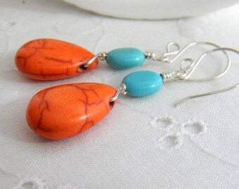 Turquoise blue and orange earrings, beachy summer earrings, Bright Dangle earrings