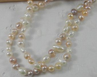 Long knotted Freshwater pearl necklace, Long Pearl Necklace, Hand knotted pearls, Peach Mauve White handmade