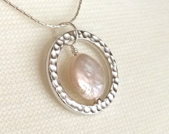 White Coin Pearl Pendant Necklace, Sterling Silver Charm Necklace, Freshwater Coin Pearl