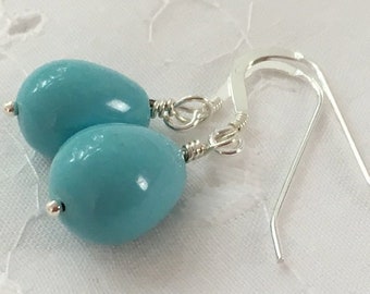 Turquoise BlueTeardrop Shell Pearl Earrings: Sterling Silver Dangle Earrings