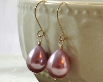 Lilac Teardrop Pearl Earrings, June Birthstone Earrings