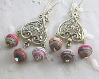 Paper bead Chandelier earrings, Boho Pink and White dangle earrings