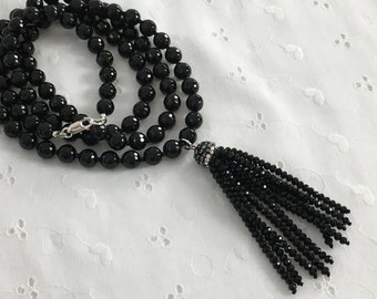 Black Tassel Necklace, Long Black Onyx Necklace, Gemstone Necklace