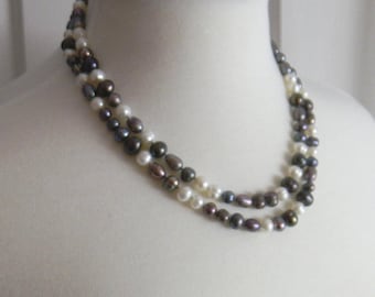 Gray and White hand knotted Freshwater pearl necklace, Long knotted Pearl Necklace