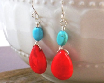 Turquoise and red earrings, red and blue summer earrings, beachy Dangle earrings