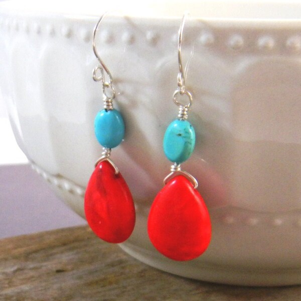 Turquoise and red earrings, red and blue summer earrings, beachy Dangle earrings